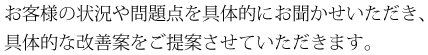 お客様の状況や問題点を具体的にお聞かせいただき、具体的な改善案をご提案させていただきます。
